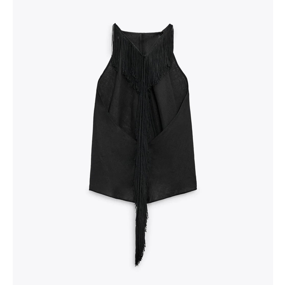 Zara NWT Black Linen Fringe Co-Ord Set Top Skirt L - Picture 16 of 16